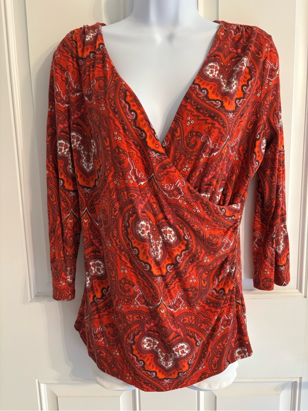 Talbots Red Paisley Wrap-Style V-Neck Top